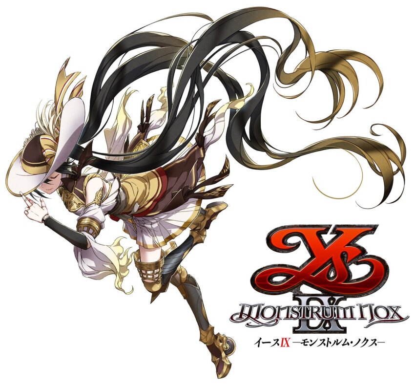 1girl adjusting_clothes adjusting_headwear black_hair bow brown_hair closed_eyes copyright_logo copyright_name detached_sleeves doll_(ys) doll_joints dress floating_hair full_body hat hat_bow high_heels joints light_smile long_hair nakbe official_art picture_hat second-party_source simple_background sleeveless sleeveless_dress solo standing standing_on_one_leg tachi-e tiptoes twintails very_long_hair wheel white_background ys ys_ix_monstrum_nox