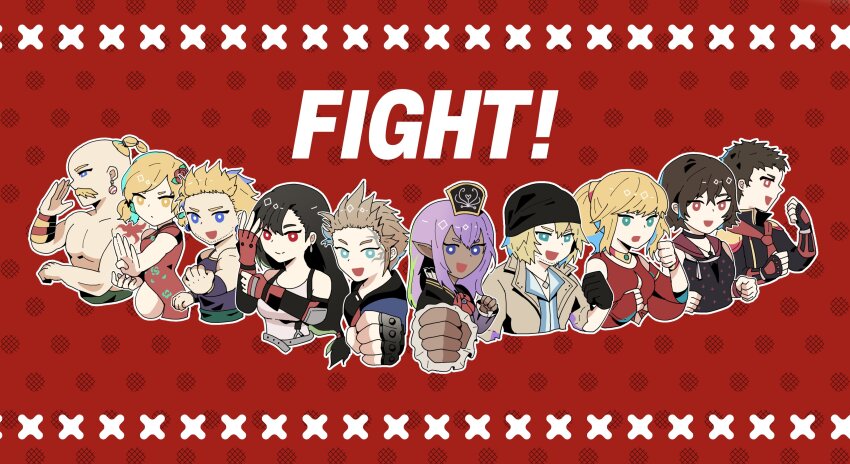 5boys 5girls absurdres bandana black_hair blonde_hair brown_hair dark-skinned_female dark_skin eight_(fft-0) elf elvaan facial_hair father_and_daughter fighting_stance final_fantasy final_fantasy_iv final_fantasy_iv:_the_after_years final_fantasy_type-0 final_fantasy_vi final_fantasy_vii final_fantasy_viii final_fantasy_xi final_fantasy_xiii final_fantasy_xiv final_fantasy_xv fingerless_gloves gloves highres in-franchise_crossover iris_amicitia looking_at_viewer lyse_hext monk_(final_fantasy) multiple_boys multiple_girls mustache pointy_ears polka_dot polka_dot_background power_connection prishe purple_hair ry_mangdung sabin_rene_figaro snow_villiers tifa_lockhart trait_connection upper_body ursula_leiden yang_fang_leiden zell_dincht