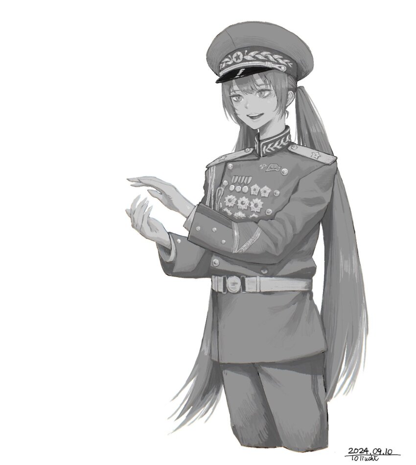1girl :d alternate_costume belt center-flap_bangs clapping commentary cropped_legs dated english_commentary greyscale hands_up hat hatsune_miku highres lone_nape_hair long_hair long_sleeves looking_ahead military_dress_uniform military_hat military_uniform monochrome north_korea open_mouth pants peaked_cap shoulder_boards simple_background smile solo teeth three_quarter_view toliuchi twintails upper_teeth_only very_long_hair vocaloid white_background