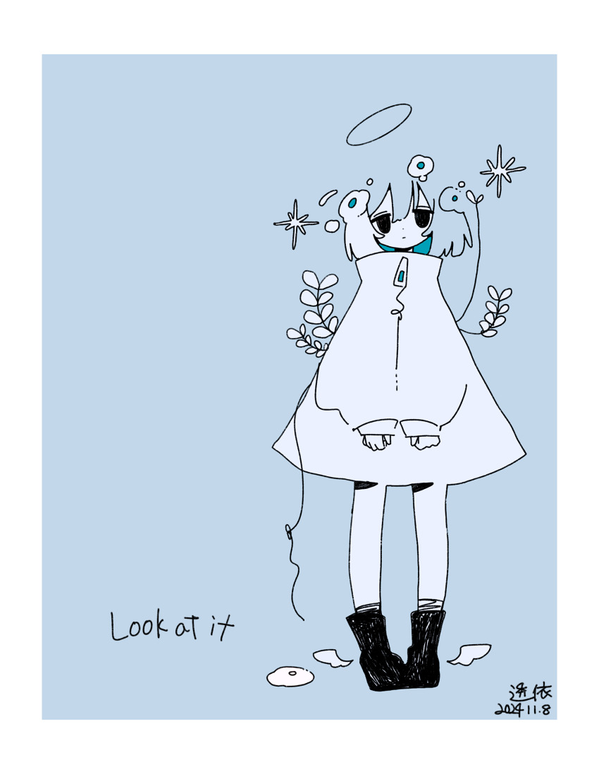 1girl ankle_wings blending blue_background blue_theme boots border closed_mouth coat dated english_text flower full_body hair_flower hair_ornament halo highres long_sleeves looking_at_viewer medium_hair mini_wings original plant simple_background solo sskitaco standing traditional_halo white_border wings zipper zipper_pull_tab