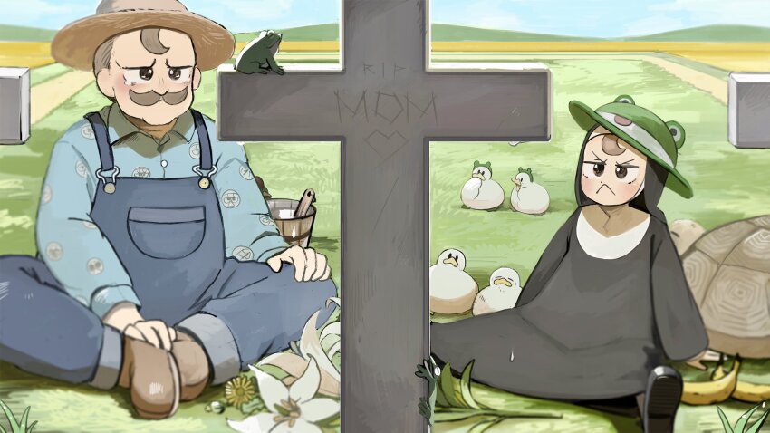 1boy 1girl :&lt; banana bird black_footwear blue_overalls blue_shirt brown_eyes brown_footwear brown_hair brown_hat chicken commentary diva_(hyxpk) duck english_commentary facial_hair father_and_daughter food frog_headband froggy_nun&#039;s_father_(diva) froggy_nun_(diva) fruit grave green_hat habit hat highres little_nuns_(diva) mustache nun overalls shirt slice_of_life traditional_nun turtle