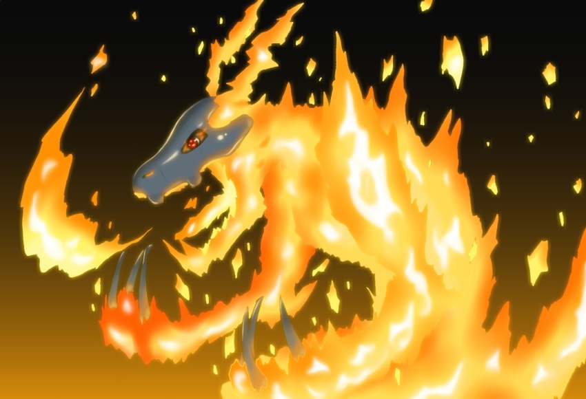 artist_request claws digimon dragon fire flarelizamon glowing helmet looking_at_viewer open_mouth red_eyes sharp_teeth teeth