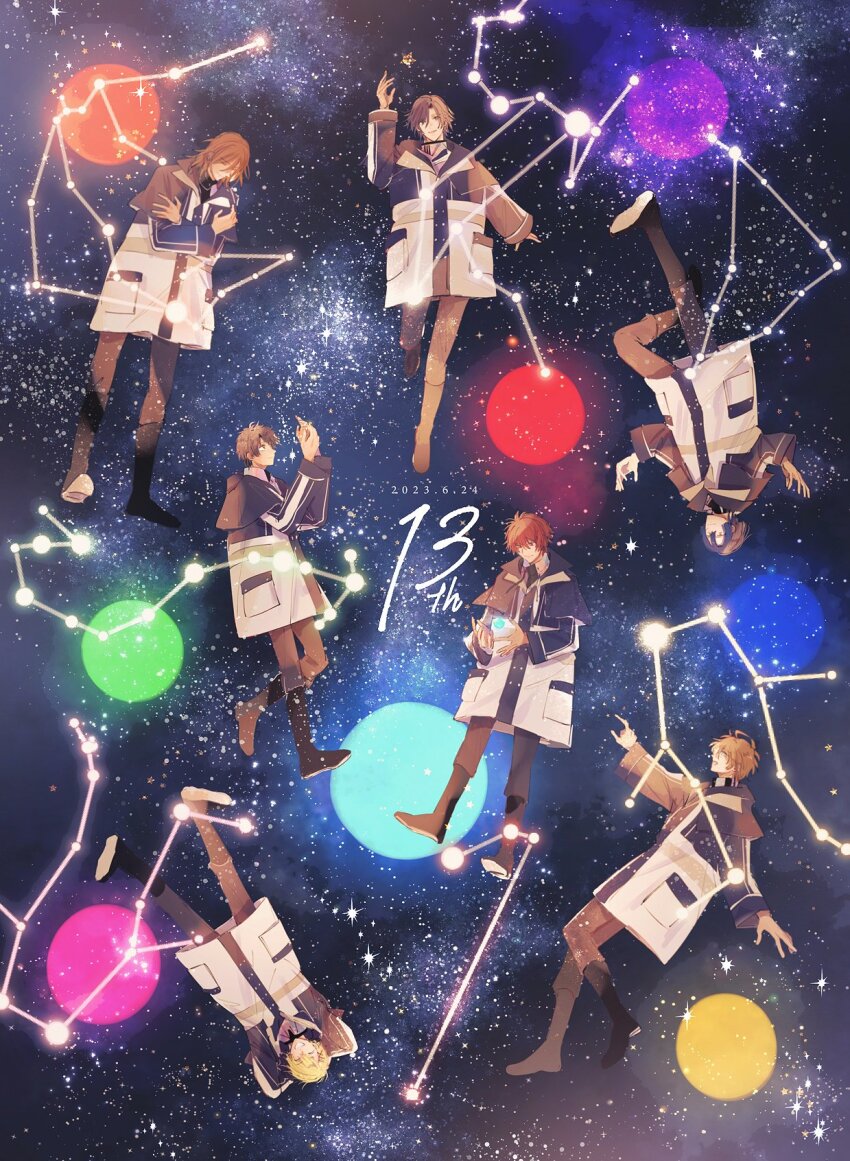 6+boys :d ^_^ aijima_cecil anniversary aquarius_(constellation) aries_(constellation) arms_behind_head asymmetrical_bangs black_footwear black_hair black_jacket blonde_hair blue_eyes blue_hair blunt_ends boots brown_hair brown_pants capricorn_(constellation) closed_eyes closed_mouth constellation cupping_hands curtained_hair dark-skinned_male dark_skin dated floating full_body gemini_(constellation) glasses green_eyes grin hair_between_eyes hair_ornament hairclip hands_up highres hijirikawa_masato hito666_syou ichinose_tokiya ittoki_otoya jacket jinguuji_ren kurusu_shou leg_up leo_(constellation) long_sleeves looking_at_viewer looking_up male_focus medium_hair multicolored_jacket multiple_boys object_floating_above_hand open_mouth orange_hair orb outstretched_arm outstretched_arms own_hands_together pants profile purple_eyes red_eyes red_hair scorpius_(constellation) self_hug shinomiya_natsuki_(uta_no_prince-sama) shoe_soles short_hair sky smile star_(sky) star_(symbol) starish starry_sky straight_hair swept_bangs two-tone_jacket uta_no_prince-sama white_jacket zodiac