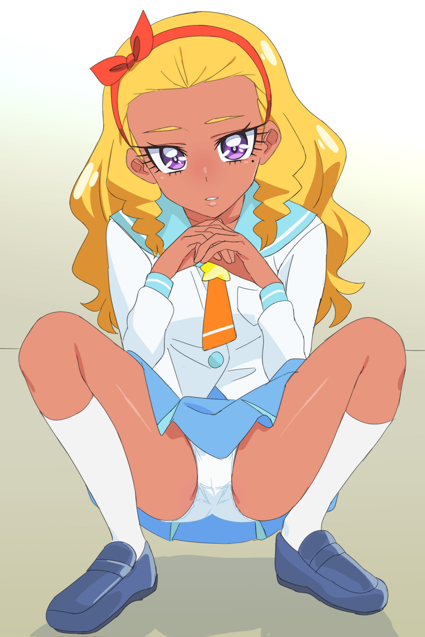 1girl absurdres amamiya_elena blonde_hair blue_shoes blue_skirt commentary_request commission dark-skinned_female dark_skin hairband highres long_hair long_sleeves mihoshi_middle_school_uniform mole mole_under_eye necktie oimanji open_mouth orange_necktie partial_commentary pleated_skirt precure purple_eyes red_hairband school_uniform shirt shoes skeb_commission skirt socks solo squatting star_twinkle_precure thighhighs white_shirt white_socks white_thighhighs