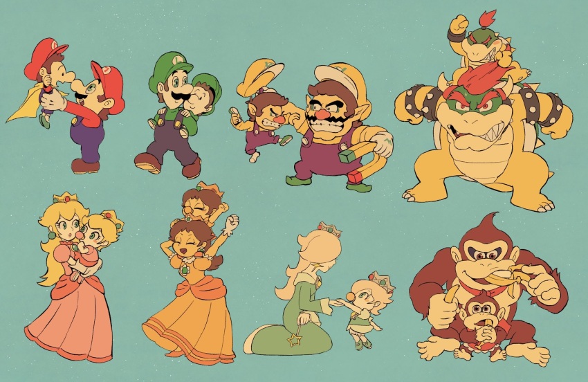 age_down artist_request baby_bowser baby_daisy baby_donkey_kong baby_luigi baby_mario baby_peach baby_rosalina baby_wario banana bowser brown_hair cape_mario carrying donkey_kong eating facial_hair fangs food fruit gloves gorilla hat highres holding_hands luigi mario mario_(series) mustache necktie nintendo overalls princess_daisy princess_peach rosalina shirt toddler wario