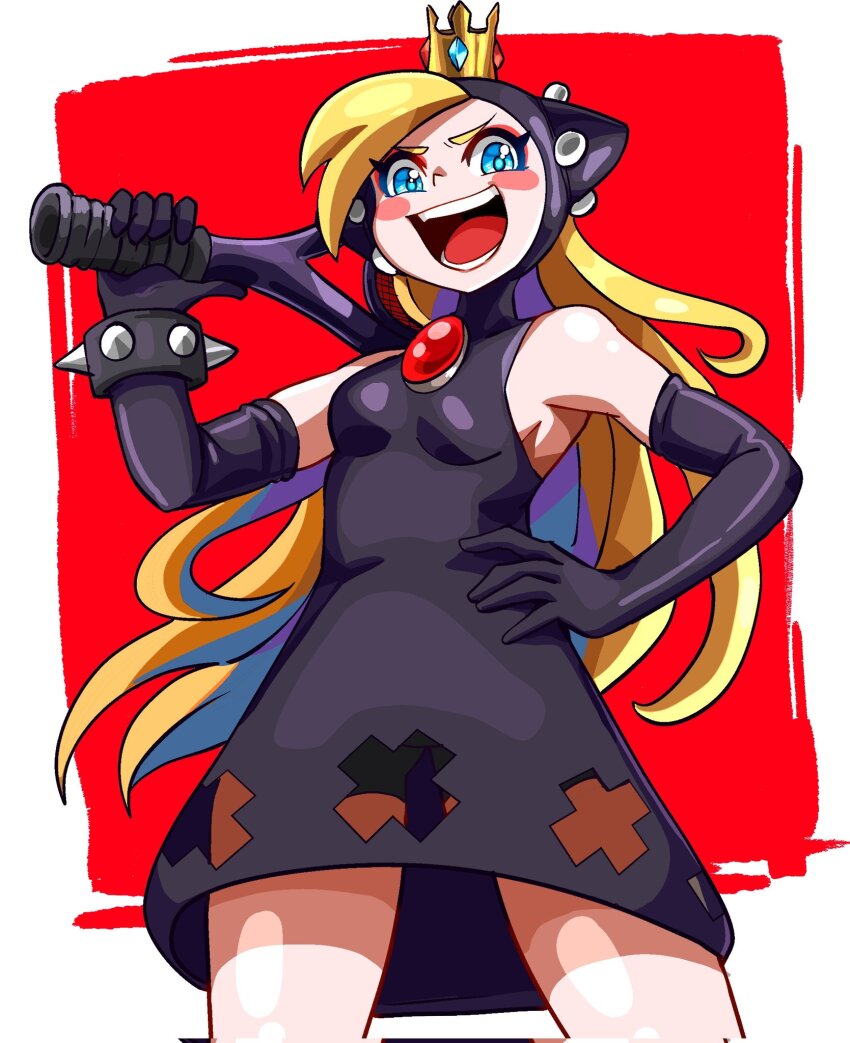 1girl axe blonde_hair blue_eyes blush_stickers bracelet breasts cowboy_shot eyeshadow gloves hand_on_own_hip highres holding holding_axe holding_tennis_racket jewelry laughing looking_at_viewer makeup mario_(series) mario_power_tennis mario_tennis nintendo notus_49 open_mouth purple_gloves red_eyeshadow small_breasts solo spiked_bracelet spikes warupeach