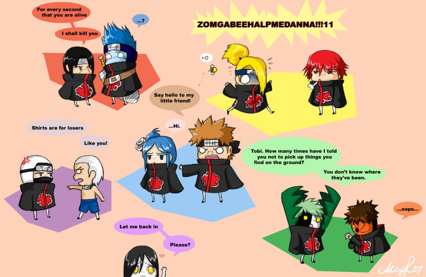 ...? 1girl akatsuki_(naruto) akatsuki_uniform anger_vein bee black_hair blonde_hair blue_hair blue_pants blue_skin blush brown_hair bug colored_skin crow213 dark-skinned_male dark_skin deidara_(naruto) disembodied_hand eyeliner flower flower_on_head forehead_protector gills green_hair grey_hair hair_ornament hair_over_one_eye heart hidan_(naruto) highres hoshigaki_kisame insect kakuzu_(naruto) konan_(naruto) makeup mask multicolored_skin multiple_boys nagato_(naruto) naruto_(series) naruto_shippuuden no_shirt orange_hair orochimaru_(naruto) pain_(naruto) pale_skin pants piercing pointing red_hair sasori_(naruto) scared speech_bubble spiked_hair tobi_(naruto) uchiha_itachi uchiha_obito weapon weapon_on_back yellow_eyes zetsu_(naruto)