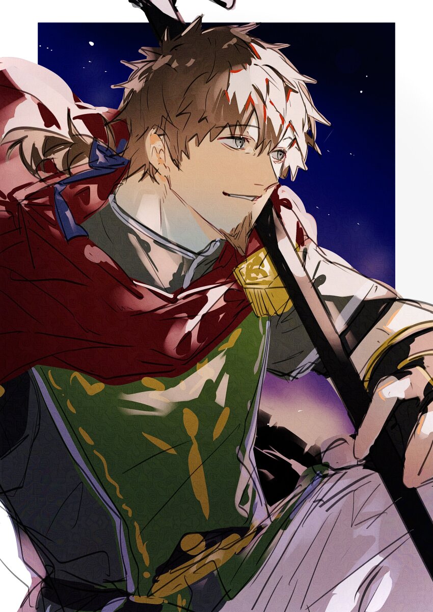 1boy absurdres blue_ribbon border brown_hair cape facial_hair fate/grand_order fate_(series) goatee green_tunic grey_eyes hair_between_eyes hector_(fate) highres holding holding_pole male_focus nasubi_illust parted_lips pole ponytail red_cape ribbon short_sleeves sitting sketch solo tunic upper_body white_border
