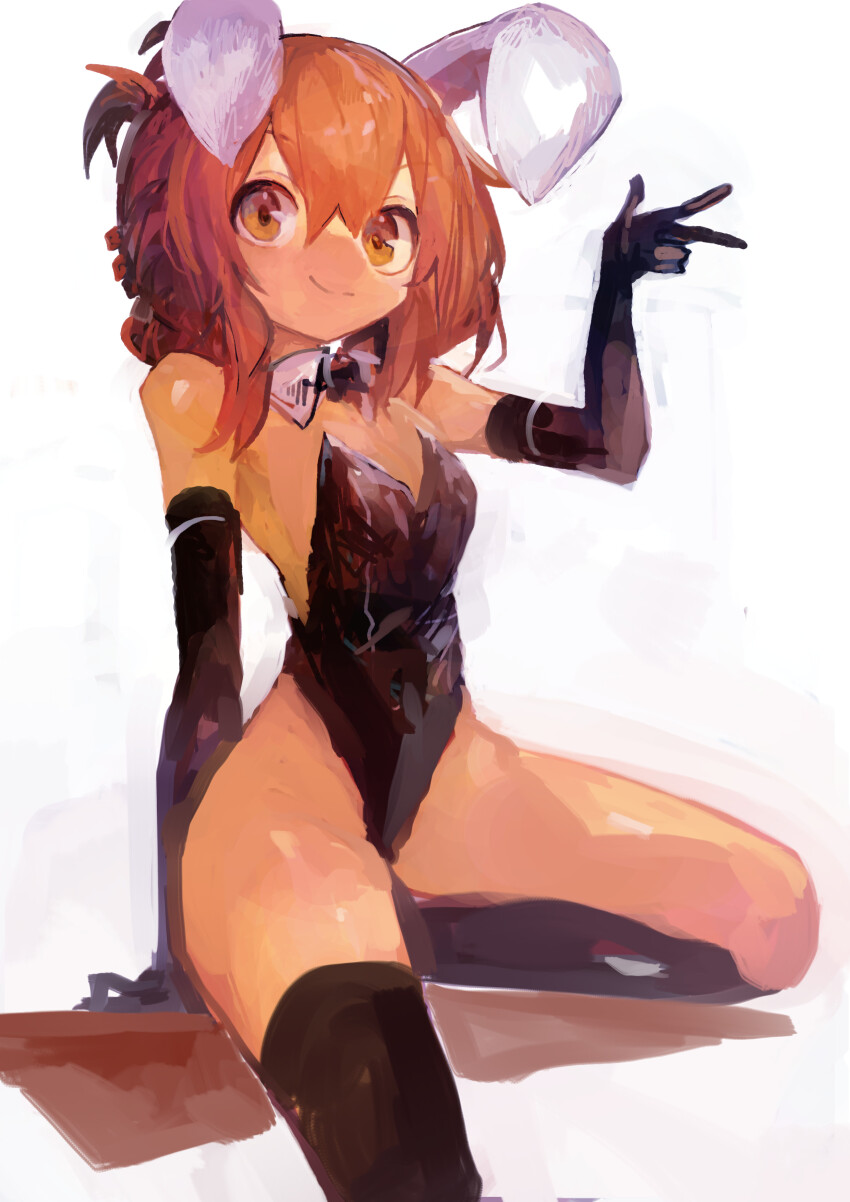 1girl absurdres alternate_costume animal_ears bare_shoulders black_gloves black_leotard black_socks black_thighhighs breasts brown_eyes brown_hair closed_mouth commentary detached_collar elbow_gloves fake_animal_ears folded_ponytail gloves hair_between_eyes highres inazuma_(kancolle) kaamin_(mariarose753) kantai_collection leotard looking_at_viewer playboy_bunny rabbit_ears simple_background single_sock single_thighhigh small_breasts socks solo strapless strapless_leotard thighhighs w