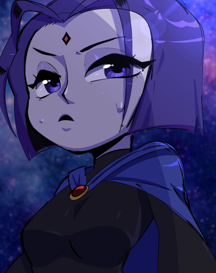 1girl blue_background blue_cape blue_eyes breasts cape commentary english_commentary facial_mark forehead_mark frown highres indiana_souf medium_breasts purple_hair raven_(dc) short_hair solo sweat teen_titans_(tv_series) turtleneck upper_body