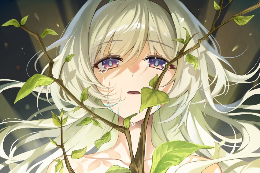 absurdres branch crying crying_with_eyes_open felicia8 firefly_(honkai:_star_rail) glowing glowing_cracks grey_hair hair_between_eyes highres honkai:_star_rail honkai_(series) leaf multicolored_eyes nude streaming_tears tears twig