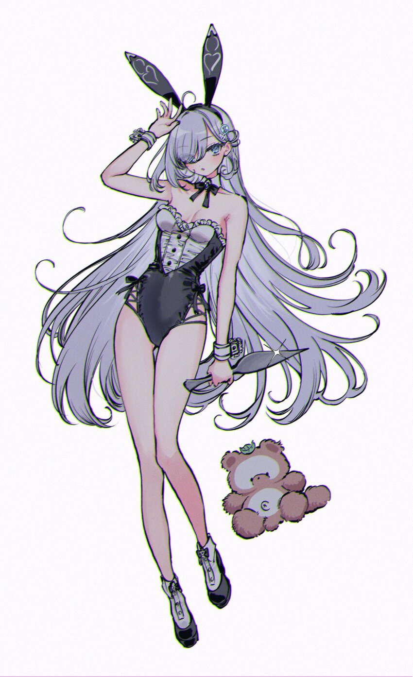 1girl absurdres animal_ear_hairband animal_ears aqua_eyes arm_up black_bow black_bowtie black_leotard bow bowtie breasts cleavage detached_collar fake_animal_ears frilled_leotard frills full_body hair_ornament hair_over_one_eye hairband hairclip highres holding holding_knife knife kunai leotard long_hair multicolored_leotard murasaki_pomeranian open_mouth playboy_bunny rabbit_ear_hairband rabbit_ears shibou_yuugi_de_meshi_o_kuu side-tie_leotard simple_background solo standing stuffed_toy two-tone_leotard weapon white_background white_hair white_leotard wrist_cuffs yuuki_(shibou_yuugi)