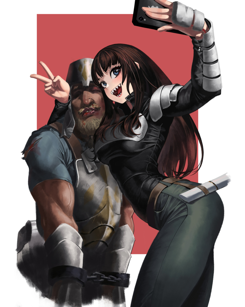 1boy 1girl absurdres armor blonde_hair blood blood_on_face blue_eyes border breastplate brown_hair cellphone chain closed_eyes cuffs gemi_ningen handcuffs highres kenshi long_hair pants phone red_background selfie sharp_teeth short_hair short_sleeves shoulder_armor slave smartphone smile teeth tight_clothes tight_pants v vambraces veins veiny_arms white_border