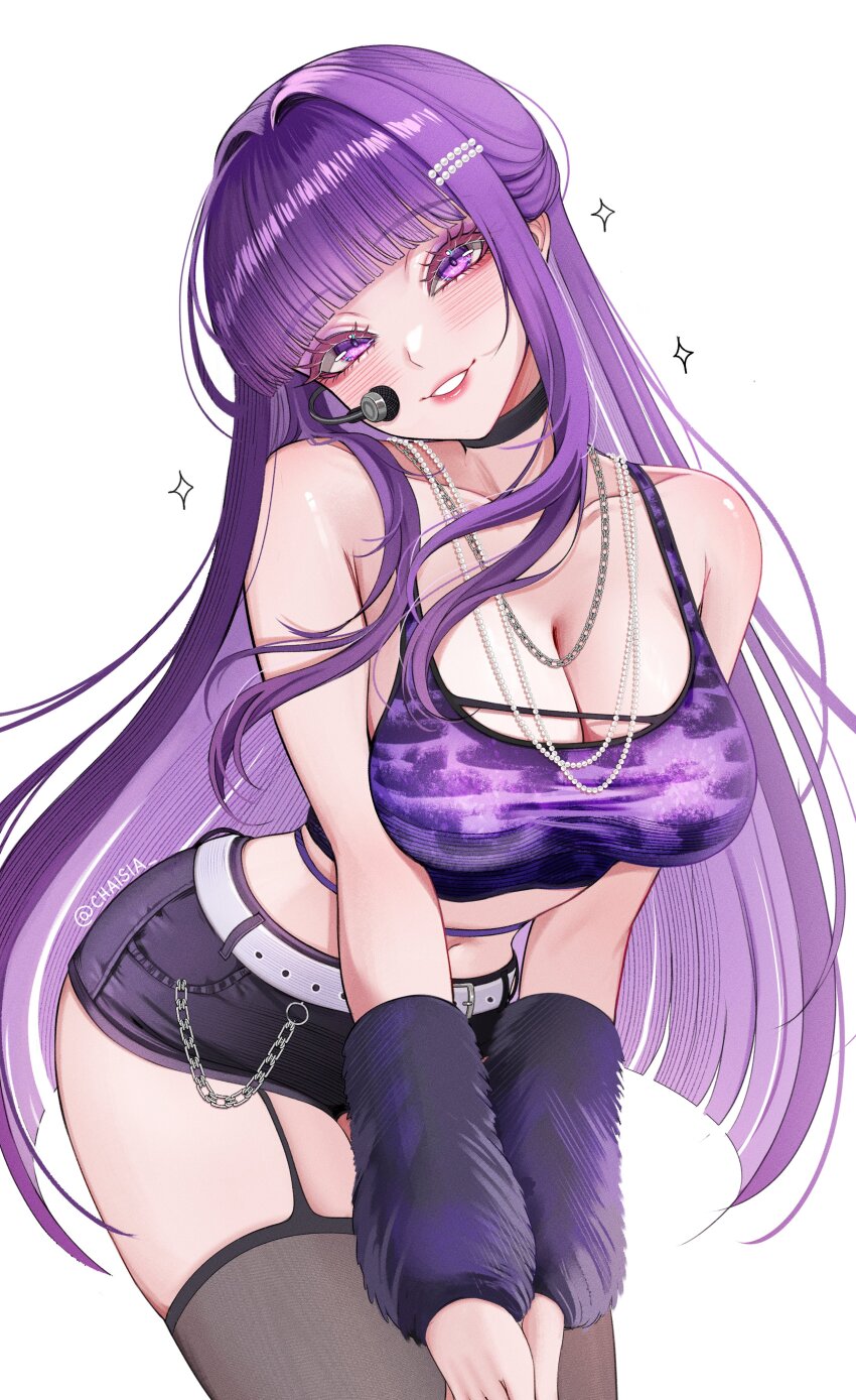 1girl absurdres alternate_costume arched_bangs bare_shoulders black_shorts black_thighhighs blush breasts chaisia_art cleavage collarbone commentary crop_top english_commentary fern_(sousou_no_frieren) highres large_breasts leaning_forward long_hair looking_at_viewer navel parted_lips purple_eyes purple_hair short_shorts shorts simple_background solo sousou_no_frieren stomach thighhighs twitter_username very_long_hair white_background