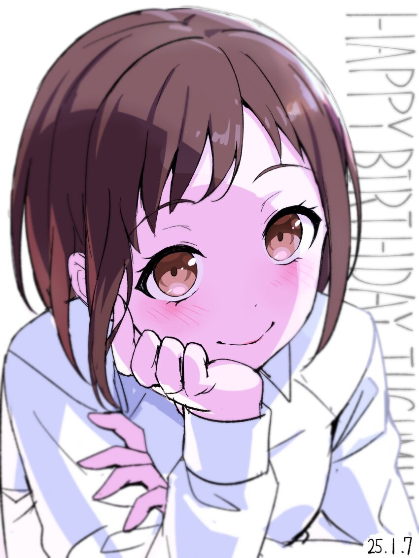 1girl bang_dream! brown_hair commentary_request dated happy_birthday hazawa_tsugumi highres long_sleeves looking_at_viewer nobusawa_osamu shirt short_hair simple_background smile solo upper_body white_background white_shirt