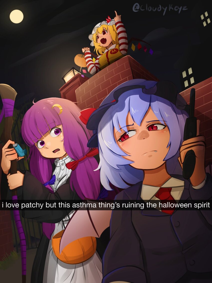 3girls bat_wings black_robe blue_bow blue_hair blunt_bangs bow closed_mouth cloud cloudykeyz commentary cosplay crescent crescent_hair_ornament dress english_commentary english_text fern_(sousou_no_frieren) fern_(sousou_no_frieren)_(cosplay) flandre_scarlet formal_clothes frown full_moon gate hair_bow hair_ornament halloween halloween_bucket halloween_costume hat highres holding holding_staff iosys lamp light_blue_hair long_sleeves mcdonald&#039;s middle_finger mob_cap moon multiple_girls night night_sky no_headwear open_mouth patchouli_knowledge purple_eyes purple_hair red_bow remilia_scarlet robe ronald_mcdonald ronald_mcdonald_(cosplay) scarlet_devil_mansion scarlet_police short_hair sky sousou_no_frieren staff suit touhou twitter_username white_dress wings