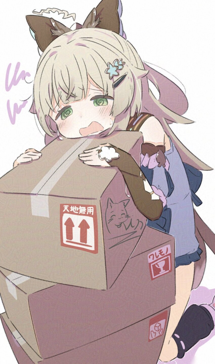 1girl @_@ adversarial_noise ahoge animal_ears bare_shoulders blush bow box brown_bow brown_hair cardboard_box cat_ears cat_girl cat_tail detached_sleeves genshin_impact green_eyes hair_ornament highres in_box in_container inaririn kirara_(genshin_impact) kneeling long_hair long_sleeves multiple_tails open_mouth simple_background socks solo sweat tail two_tails wavy_mouth white_background
