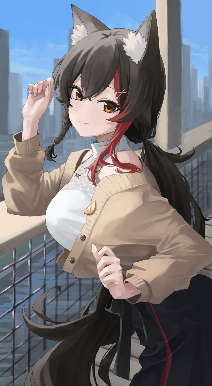 1girl absurdres animal_ear_fluff animal_ears art_mu black_hair black_skirt braid breasts brown_cardigan cardigan cityscape cleavage cowboy_shot hair_ornament hairclip halter_shirt halterneck hands_up highres hololive large_breasts long_hair long_sleeves looking_at_viewer low_ponytail multicolored_hair ookami_mio ookami_mio_(street) open_cardigan open_clothes outdoors ponytail puffy_long_sleeves puffy_sleeves red_hair see-through_cleavage see-through_clothes shirt side_braid sidelocks skirt sleeveless sleeveless_shirt smile solo streaked_hair very_long_hair virtual_youtuber white_shirt wolf_ears wolf_girl yellow_eyes