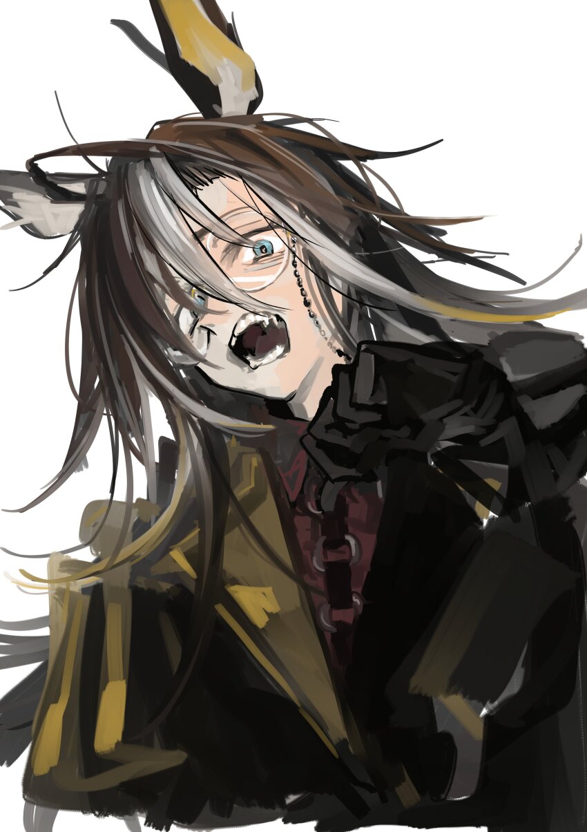 1girl absurdres animal_ears bags_under_eyes black_coat black_gloves black_hair black_shirt blonde_hair blue_eyes coat dream_journey_(umamusume) eyewear_strap fangs glasses gloves hair_over_one_eye highres horse_ears horse_girl ikuhana_niiro long_hair long_sleeves looking_at_viewer multicolored_hair open_mouth round_eyewear shirt simple_background single_hair_intake solo umamusume white_background white_hair