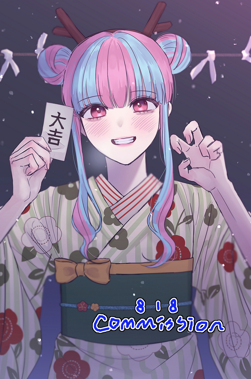 1girl absurdres bang_dream! black_sky blue_hair blunt_bangs bow breath camellia_print claw_pose commentary_request commission curly_sidelocks double_bun fake_antlers floral_print floral_print_kimono green_kimono green_sash grin hair_bun hair_up hands_up highres holding_omikuji ilpal_e japanese_clothes kimono korean_commentary long_sidelocks multicolored_hair night night_sky nyubara_reona obi omikuji orange_bow pink_eyes pink_hair pink_lips print_kimono sash sidelocks sky smile solo star_(sky) starry_sky striped_clothes striped_kimono teeth tied_omikuji two-tone_hair upper_body vertical-striped_clothes vertical-striped_kimono