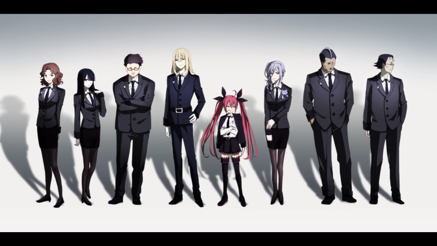 4boys 4girls artist_request bad_id bad_pixiv_id black_hair black_necktie black_suit blonde_hair brown_hair date_a_live doll formal_clothes glasses gloves grey_hair highres itsuka_kotori kannazuki_kyouhei multiple_boys multiple_girls murasame_reine necktie red_hair shadow suit twintails