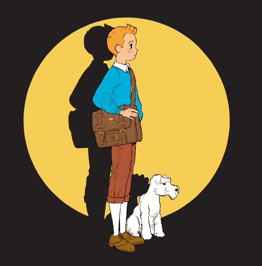 1boy absurdres animification bag blonde_hair brown_shoes dog full_body highres messenger_bag milou_(tintin) oskar_vega shoes shoulder_bag socks standing tintin tintin_(character)