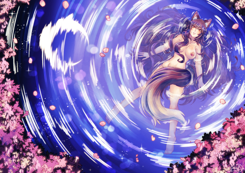 1girl afloat animal_ears barefoot breasts brown_hair brown_tail commission completely_nude convenient_censoring crescent_moon fox_ears fox_girl fox_tail from_above full_body gensox grey_tail groin hair_over_breasts hair_over_one_breast large_breasts legs_apart long_hair long_tail moon multicolored_tail navel night nipples nude original outdoors outstretched_arms parted_lips partially_submerged petals petals_on_liquid pink_petals red_eyes reflection reflective_water solo stomach tail tail_censor toes very_long_hair water
