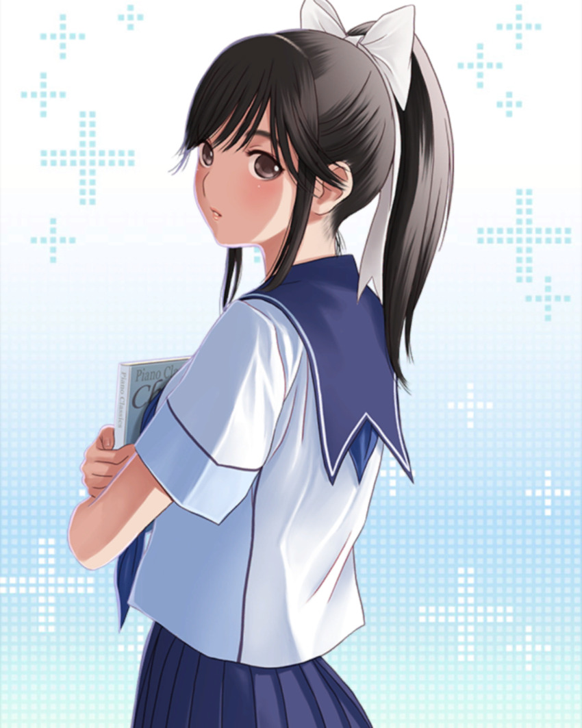 1girl aqua_background back black_eyes black_hair blue_neckerchief blue_sailor_collar blue_skirt blush book bow cowboy_shot from_behind gradient_background hair_ribbon highres holding holding_book hugging_book hugging_object long_hair looking_at_viewer looking_back love_plus nape neckerchief official_art parted_lips pink_lips pleated_skirt ponytail ribbon sailor_collar school_uniform serafuku shade short_hair sidelocks skirt solo summer_uniform takane_manaka white_ribbon white_serafuku