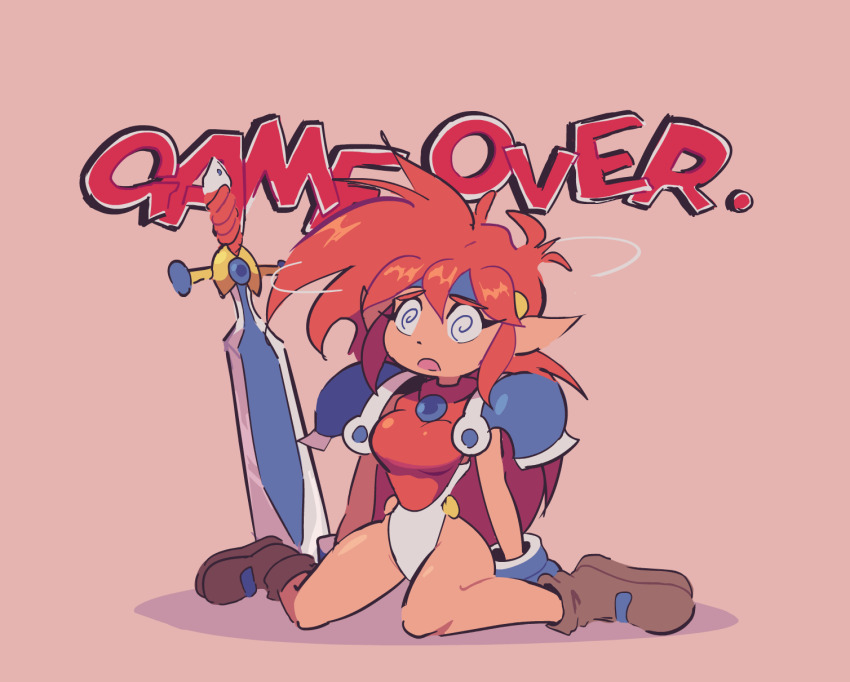 1girl @_@ animated animated_gif armor blue_headband boots breasts brown_boots dizzy dot_nose eyelashes game_over headband highres large_breasts leotard long_hair looping_animation mail_(popful_mail) open_mouth pauldrons planted planted_sword planted_weapon popful_mail red_background red_hair shammah shoulder_armor simple_background sitting solo sword wariza weapon
