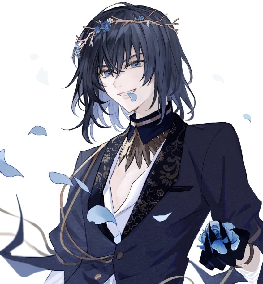 1boy black_gloves black_hair black_jacket blue_flower blue_rose bracelet fate/grand_order fate_(series) flower gloves highres holding jacket jewelry looking_at_viewer male_focus medium_hair no_wings oberon_(fate) oberon_(overnight_dream)_(fate) official_alternate_costume petals ringo_2000 rose shirt simple_background smile solo spoilers teeth white_background white_shirt wreath