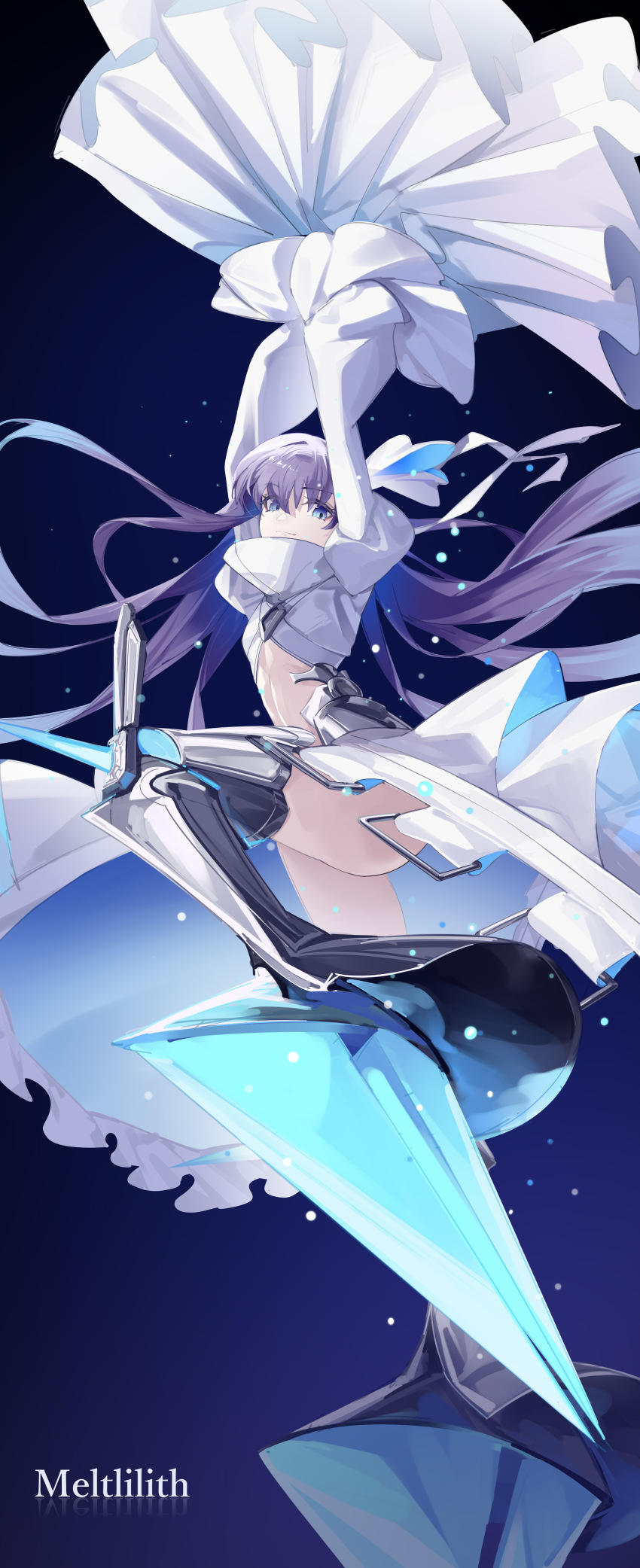 1girl absurdres ass blue_background blue_eyes breasts coat fate/grand_order fate_(series) feibai female_focus full_body hair_ornament hair_ribbon highres juliet_sleeves knee_spikes leg_blade long_hair long_sleeves looking_at_viewer meltryllis_(fate) meltryllis_(third_ascension)_(fate) prosthesis prosthetic_leg puffy_sleeves purple_hair revealing_clothes ribbon sleeves_past_fingers sleeves_past_wrists small_breasts solo solo_focus spikes very_long_hair white_coat white_ribbon