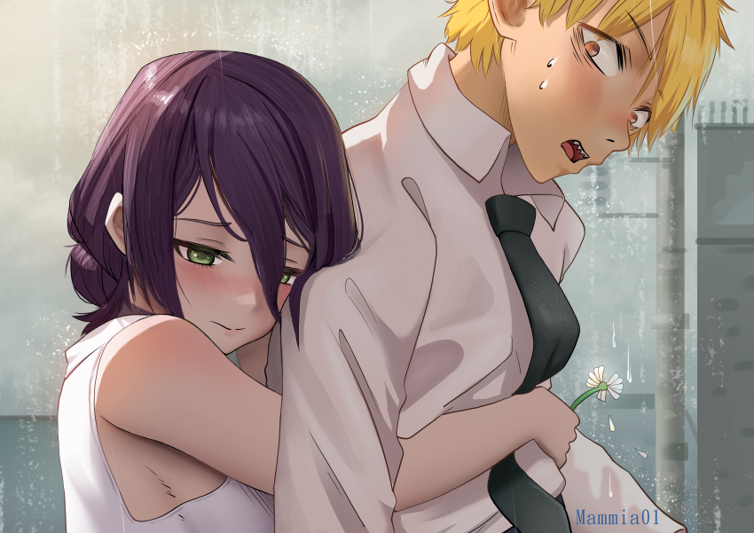 1boy 1girl absurdres black_necktie blonde_hair blush chainsaw_man closed_mouth collared_shirt denji_(chainsaw_man) flower green_eyes hair_between_eyes highres holding holding_flower hug hug_from_behind necktie open_mouth orange_eyes purple_hair reze_(chainsaw_man) sengnam1997 sharp_teeth shirt short_hair sleeveless sleeveless_shirt sweat teeth white_flower white_shirt