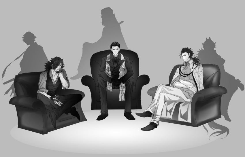 6+boys arm_support armchair chair cigarette coat coat_on_shoulders collared_cape collared_shirt crossed_arms crossed_legs crossover dragon_print expressionless facial_hair fate/grand_order fate_(series) figure_four_sitting formal_clothes fringe_trim full_body glove_cutout gloves grey_background greyscale hair_between_eyes hair_over_one_eye hair_slicked_back head_on_hand head_rest highres hizen_tadahiro indian_style jacket katana lapels leaning_back legs_apart long_hair long_sleeves looking_at_viewer low_ponytail male_focus mmc_touken monochrome multiple_boys mutsu-no-kami_yoshiyuki nankaitarou_chouson necktie notched_lapels okada_izou_(fate) okada_izou_(i&#039;m_one_dapping_fella)_(fate) on_chair open_collar own_hands_together pants ponytail profile sakamoto_ryouma_(fate) sakamoto_ryouma_(lancer)_(fate) serious shirt shoes short_hair sideways_glance silhouette simple_background sitting sleeves_rolled_up smile smoking stole stubble suit sword takechi_zuizan_(fate) touken_ranbu v-shaped_eyebrows vest weapon wrinkled_skin