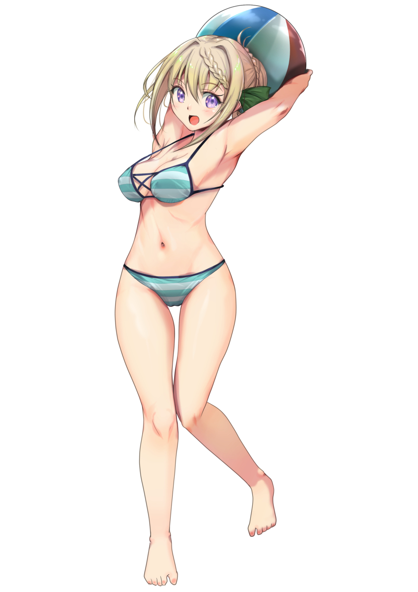 1girl absurdres armpits arms_up ball barefoot beachball bikini blonde_hair braid braided_bangs braided_bun breasts cameltoe cleavage commentary_request full_body green_ribbon hair_bun hair_ribbon highres kantai_collection long_hair medium_breasts official_alternate_costume perth_(kancolle) perth_(swimsuit)_(kancolle) purple_eyes ribbon sidelocks solo striped_bikini striped_clothes swimsuit yashin_(yasinz)