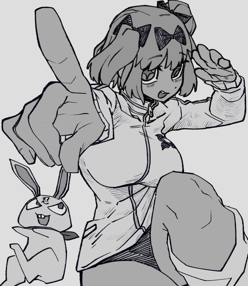+_+ 1girl animal animal_ears black_buruma blush bone_nigi bow breasts buruma flower-shaped_pupils greyscale hair_bow hibari_(senran_kagura) highres jacket large_breasts leg_warmers looking_at_viewer monochrome ninto_(senran_kagura) open_mouth pointing pointing_at_viewer rabbit rabbit_ears scarf senran_kagura senran_kagura_shoujo-tachi_no_shin&#039;ei short_hair short_twintails smile solo symbol-shaped_pupils track_jacket twintails