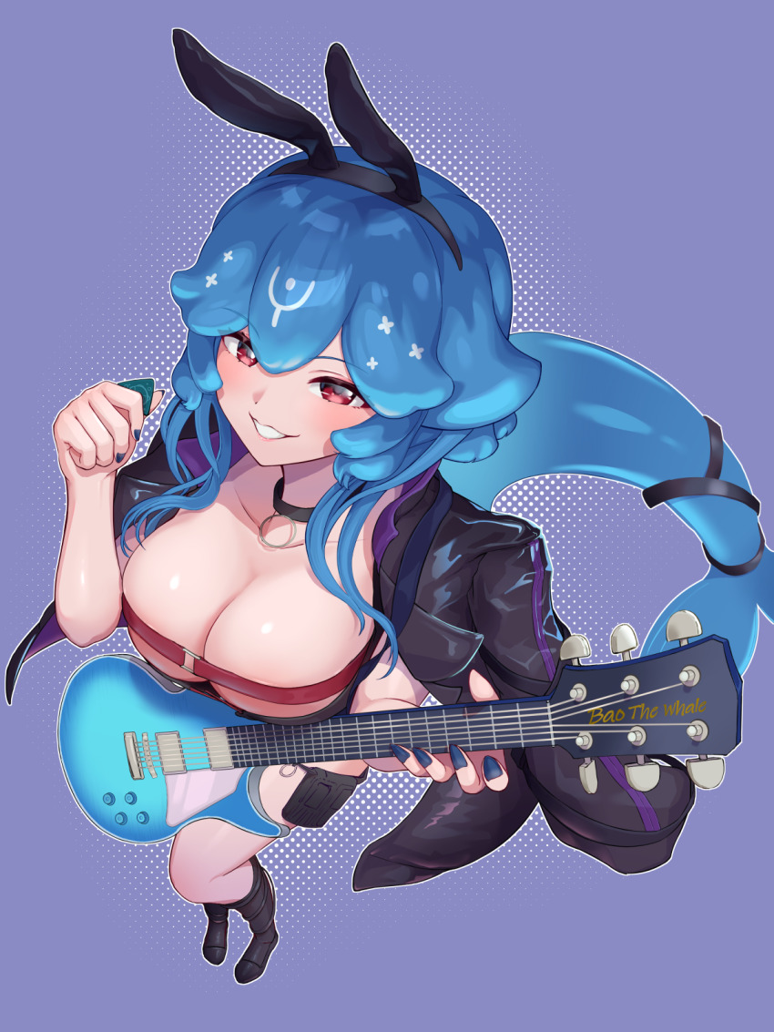 1girl animal_ear_hairband animal_ears bao_(vtuber) black_boots black_choker black_jacket black_ribbon blue_hair blue_nails boots breasts cetacean_tail character_name chest_strap choker cleavage fake_animal_ears fins fish_tail guitar hairband hareteruya highres holding holding_guitar holding_instrument holding_plectrum indie_virtual_youtuber instrument jacket open_clothes open_jacket plectrum pouch rabbit_ear_hairband rabbit_ears red_eyes ribbon smile solo tail tail_ornament tail_ribbon virtual_youtuber