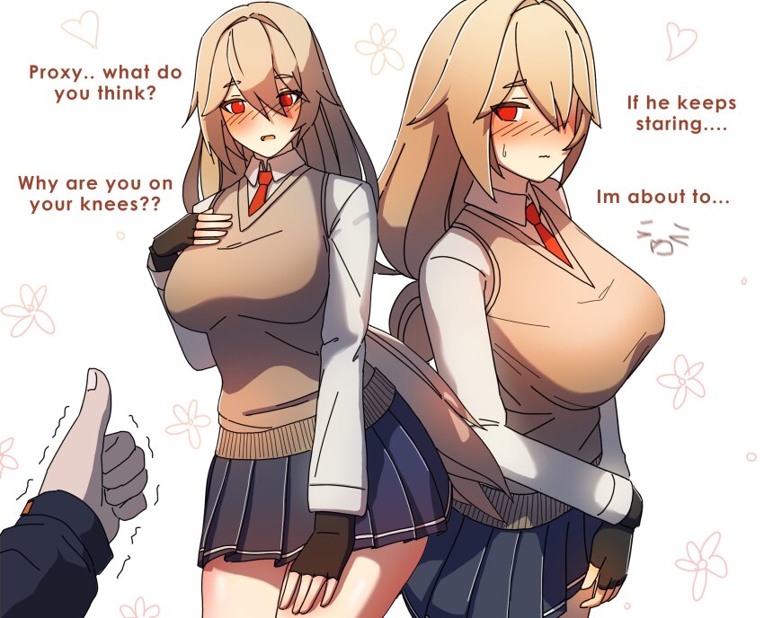 alexandrina_sebastiane blush bow bowtie breasts dorahdew english_text fingerless_gloves gloves grey_hair hand_on_own_chest highres large_breasts long_hair miniskirt red_eyes school_uniform shirt skirt sweatdrop thighs thumbs_up white_background white_shirt wise_(zenless_zone_zero) zenless_zone_zero