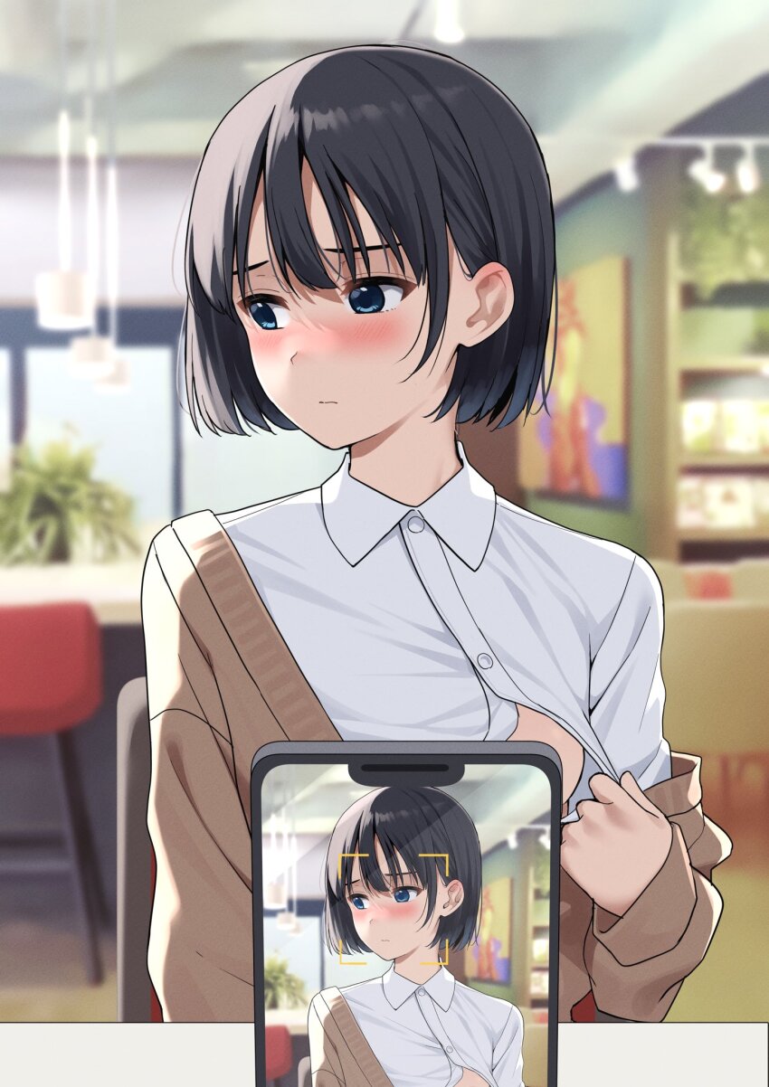 1girl averting_eyes black_hair blue_eyes blush bob_cut breasts cellphone clothes_pull convenient_censoring embarrassed eyebrows_hidden_by_hair flashing frown hair_behind_ear highres long_sleeves medium_breasts nagio_(kiona) on_chair one_breast_out oppai_challenge original phone pov_across_table restaurant shirt shirt_pull short_hair sitting smartphone table taking_picture white_shirt
