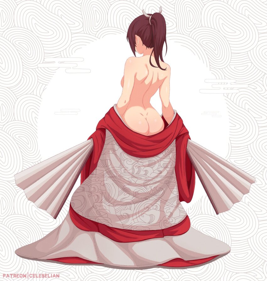 1girl artist_name ass breasts butt_crack celebelian commentary dimples_of_venus fatal_fury from_behind grey_kimono hair_ornament high_ponytail highres holding japanese_clothes kimono large_breasts nude patreon_username ponytail shiny_skin shiranui_mai snk solo standing street_fighter the_king_of_fighters the_king_of_fighters_2002 undressing white_background