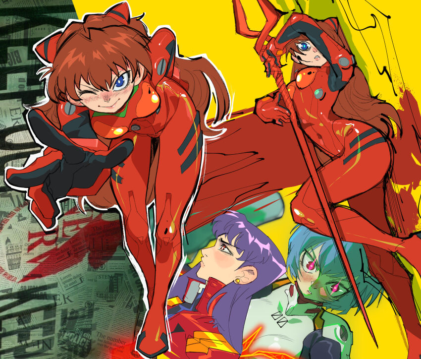 3girls :&gt; absurdres ass ayanami_rei bident blue_eyes blue_hair blush bodysuit breasts brown_hair cowboy_shot curvy earrings from_side glowing glowing_eyes hair_between_eyes hand_on_own_hip hand_up highres holding holding_lance holding_polearm holding_weapon interface_headset_(evangelion) jacket jewelry katsuragi_misato lance lance_of_longinus_(evangelion) lips long_hair looking_at_viewer mecha_pilot_suit medium_breasts multiple_girls multiple_views neon_genesis_evangelion one_eye_closed open_mouth outside_border plugsuit_(evangelion) polearm purple_hair red_bodysuit red_eyes red_jacket shiny_clothes short_hair souryuu_asuka_langley two-tone_background upper_body v very_long_hair weapon white_background wide_hips wink xamurai