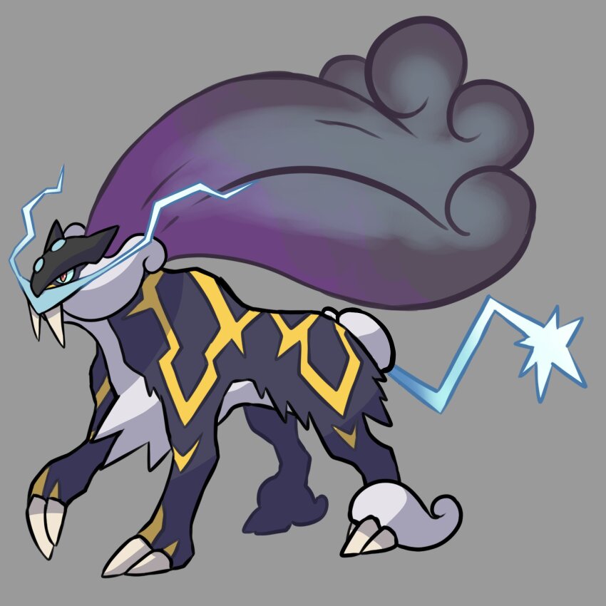 alternate_form black_fur blue_sclera claws colored_sclera fakemon fangs full_body gen_2_pokemon grey_background highres legendary_pokemon mane mega_pokemon_(other) multicolored_fur nintendo no_humans official_style pokemon pokemon_(creature) pokemon_focus raikou red_eyes rgreywind simple_background solo tail whiskers white_fur yellow_stripes