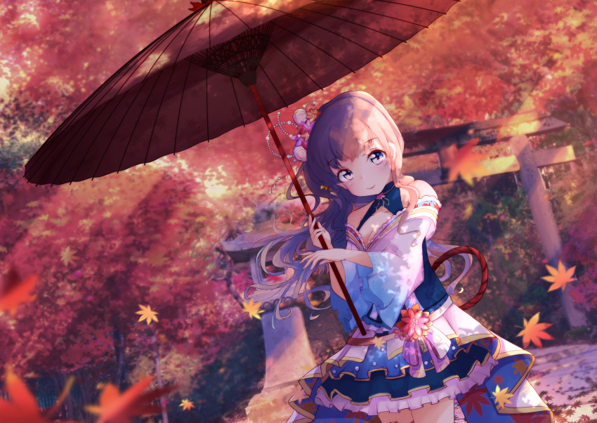 1girl absurdres autumn_leaves battle_girl_high_school biscuit_(oishiibiscuit) breasts cleavage closed_mouth collarbone commentary_request falling_leaves grey_eyes grey_hair highres holding holding_umbrella japanese_clothes kimono leaf long_hair long_sleeves looking_at_viewer maple_leaf narumi_haruka oil-paper_umbrella outdoors pleated_skirt skirt solo stone_lantern torii umbrella wide_sleeves