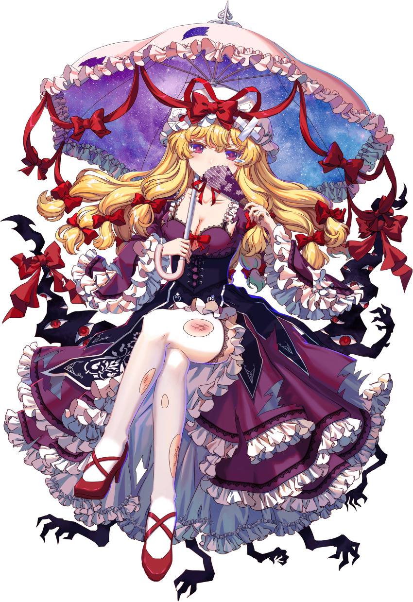1girl absurdres blonde_hair bow bra breasts choker collarbone cross-laced_footwear crossed_bandaids dress folded_fan folding_fan frilled_dress frilled_sleeves frills full_body game_cg gap_(touhou) hair_bow hand_fan hat high_heels highres holding holding_fan holding_umbrella injury kumio lace lace-trimmed_bra lace-trimmed_thighhighs lace_trim long_hair non-web_source pink_umbrella purple_bra purple_dress purple_eyes red_bow red_ribbon red_shoes ribbon ribbon_choker shoes solo space_print starry_sky_print tachi-e teardrop thighhighs torn_clothes torn_dress torn_hat torn_thighhighs touhou touhou_blooming_chaos umbrella underwear white_thighhighs yakumo_yukari zettai_ryouiki