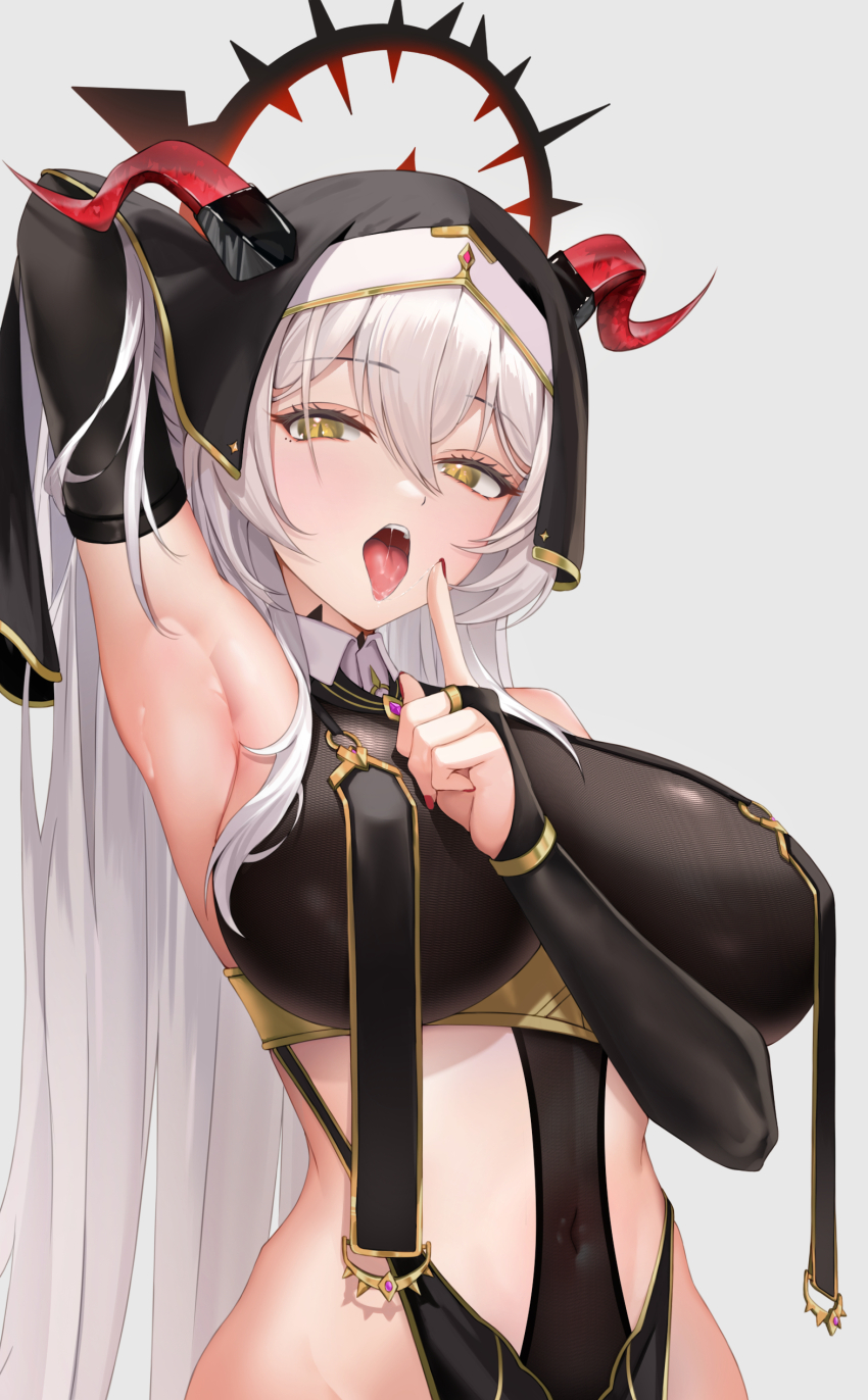 1girl absurdres arm_up armpits blush breast_curtains breasts bridal_gauntlets covered_navel grey_background halo highres horns large_breasts long_hair looking_at_viewer nail_polish open_mouth original raurashun red_horns red_nails simple_background solo tongue tongue_out upper_body white_hair yellow_eyes