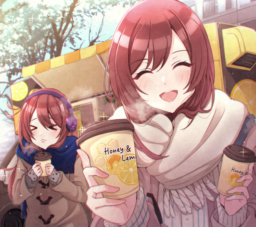 &gt;_&lt; 2girls :&lt; :d ^_^ absurdres blue_scarf blush breath brown_coat brown_hair brown_scarf chromatic_aberration closed_eyes coat drink food_truck highres holding holding_drink idolmaster idolmaster_shiny_colors incoming_drink kusaka_io long_hair multiple_girls open_mouth osaki_amana osaki_tenka scarf smile swept_bangs teeth upper_teeth_only