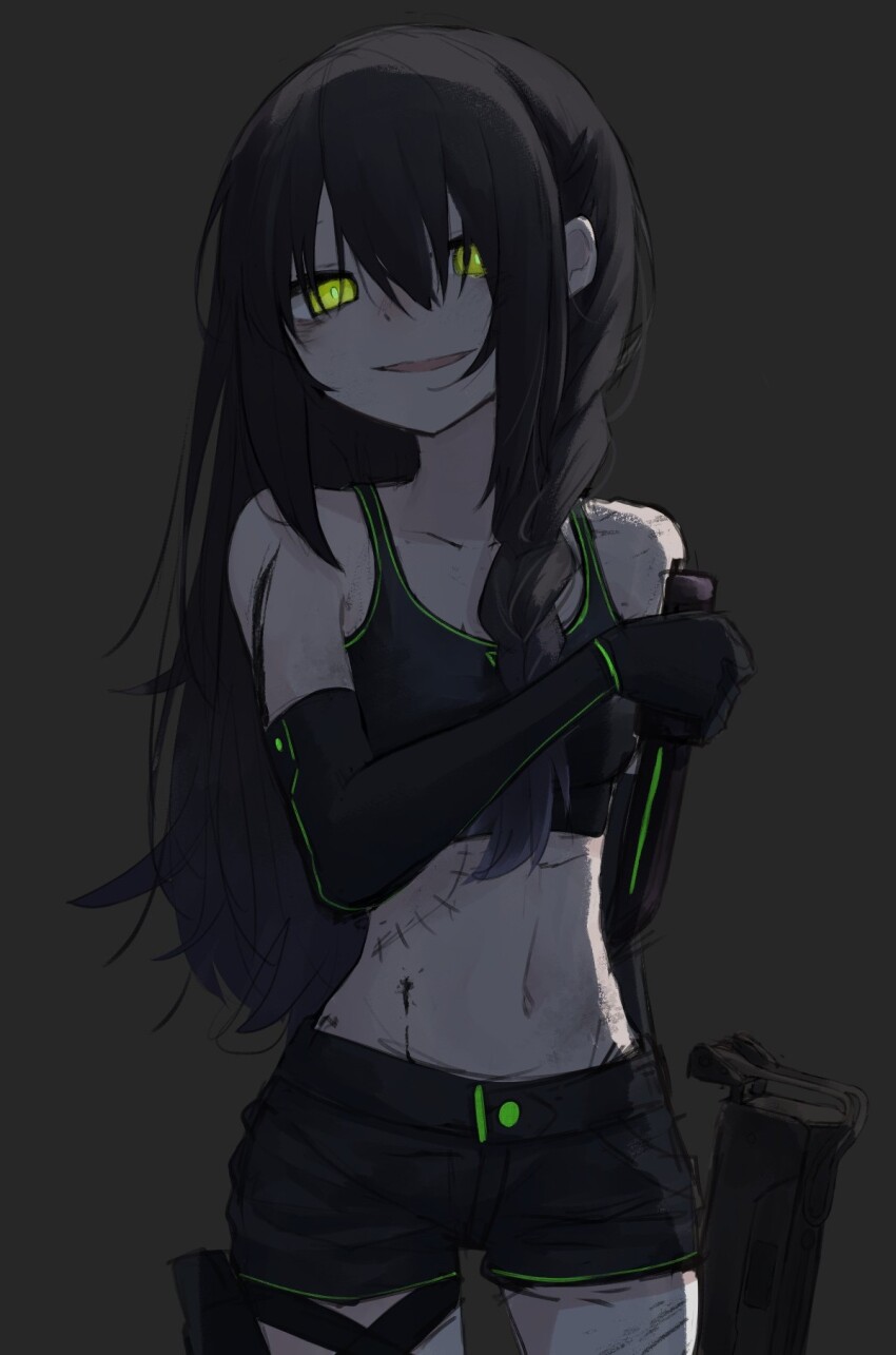 1girl black_gloves black_hair black_shorts black_sports_bra braid combat_knife cowboy_shot elbow_gloves girls&#039;_frontline gloves green_eyes gun hashtag-only_commentary highres holding holding_gun holding_weapon holster knife long_hair looking_at_viewer mac-10_(girls&#039;_frontline) minarai_yukidaruma navel parted_lips shorts simple_background smile solo sports_bra stitches thigh_holster weapon