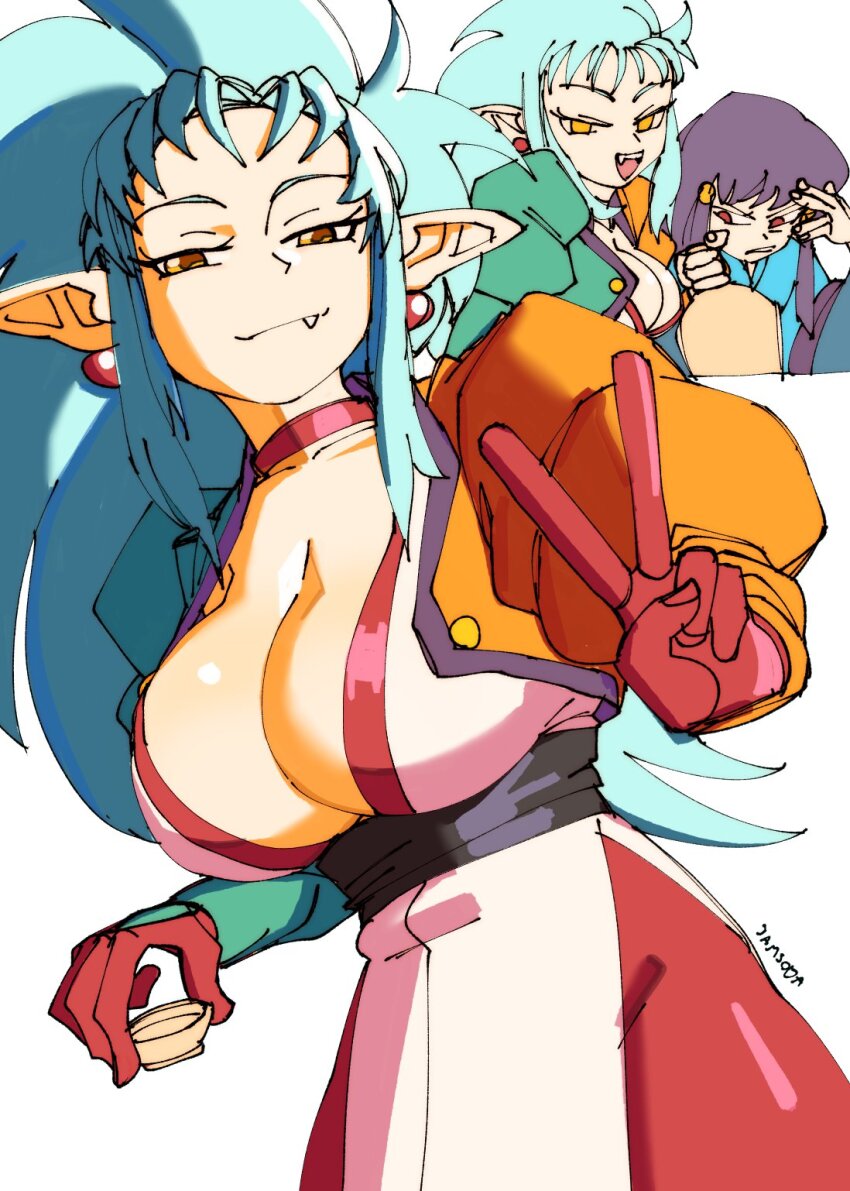 2girls 3amsoda big_hair black_sash blue_hair breast_envy breasts choker cleavage cropped_jacket cup earrings fang fang_out female_focus gloves green_jacket half-closed_eyes highres holding holding_cup jacket japanese_clothes jewelry juliet_sleeves large_breasts long_hair long_pointy_ears long_sleeves looking_at_breasts looking_at_viewer masaki_aeka_jurai multicolored_jacket multiple_girls no_pupils obi open_mouth orange_jacket pointy_ears puffy_sleeves red_choker red_eyes red_gloves ryouko_(tenchi_muyou!) sakazuki sash scoop_neck sidelocks smile sphere_earrings spiked_hair split-color_clothes tenchi_muyou! v yellow_eyes