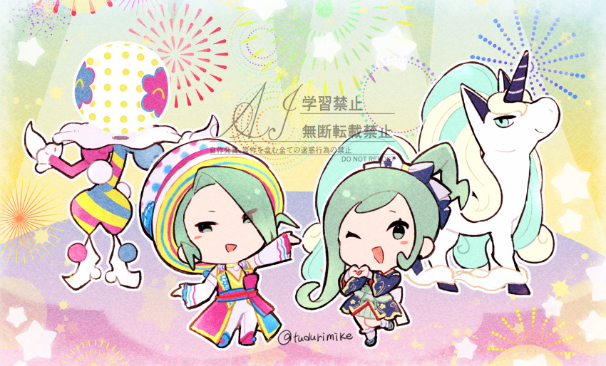 1boy 1girl :d blacephalon blue_kimono blush_stickers bow chibi commentary_request galarian_form galarian_rapidash gen_7_pokemon gen_8_pokemon green_eyes green_hair green_skirt hair_bow hat heart heart_hands highres japanese_clothes kimono leg_up lisia_(new_year&#039;s_2023)_(pokemon) lisia_(pokemon) nintendo official_alternate_costume one_eye_closed open_mouth pleated_skirt pokemon pokemon_(creature) pokemon_masters_ex ponytail sash sidelocks single_blush_sticker skirt smile socks standing tudurimike ultra_beast uncle_and_niece wallace_(new_year&#039;s_2024)_(pokemon) wallace_(pokemon)
