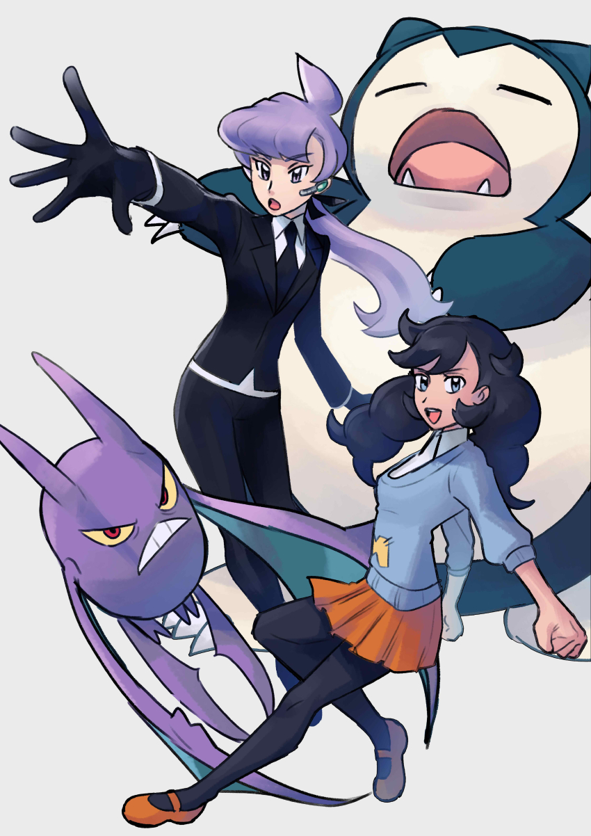 2girls absurdres anabel_(pokemon) bat_wings black_gloves black_hair black_pantyhose crobat earpiece emma_(pokemon) gen_1_pokemon gen_2_pokemon gloves highres looking_at_viewer multiple_girls nintendo orange_shoes orange_skirt pantyhose papurikagakusyu pokemon pokemon_(creature) pokemon_sm pokemon_xy purple_eyes purple_hair shoes skirt snorlax wings