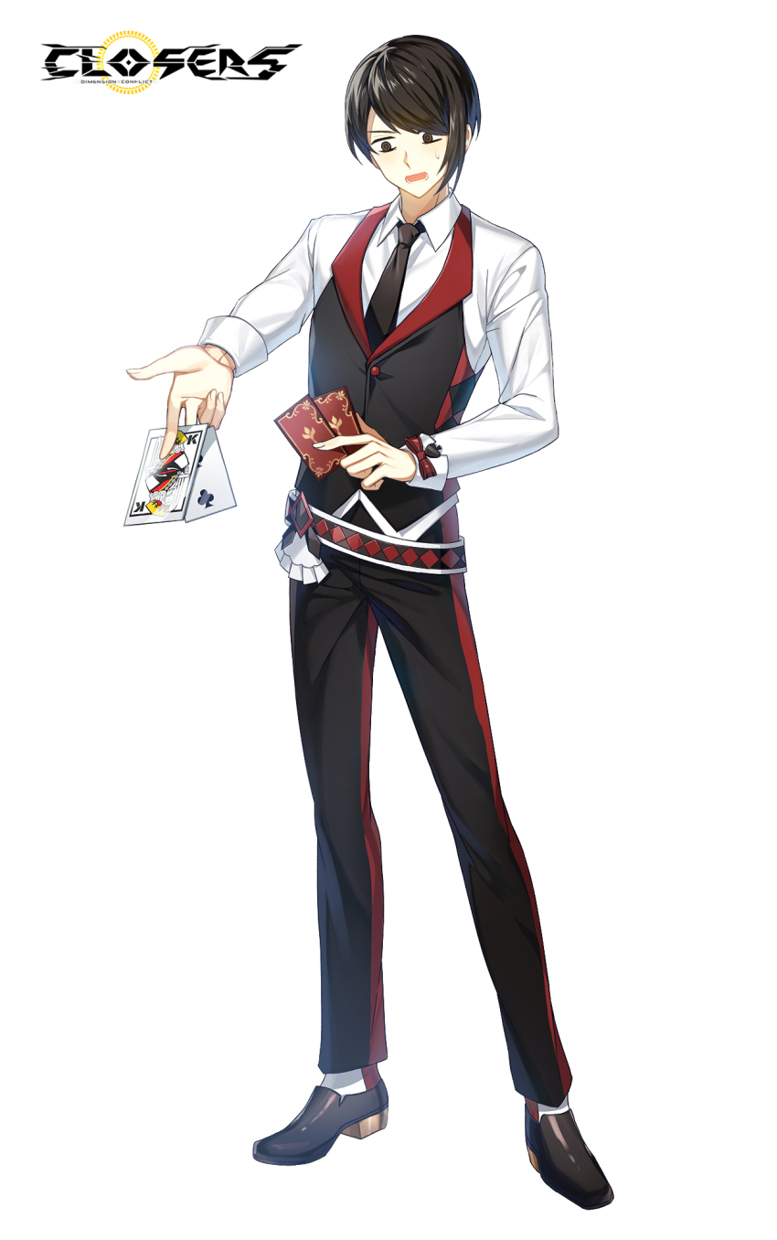 1boy belt between_fingers black_belt black_footwear black_hair black_necktie black_pants black_vest bow brown_eyes card closers collared_shirt copyright_name croupier dress_pants dress_shirt dress_shoes full_body hair_over_one_eye highres holding holding_card king_(playing_card) legs_apart logo long_sleeves looking_down lower_teeth_only male_focus necktie official_art open_mouth outstretched_arm outstretched_hand pants playing_card reaching reaching_towards_viewer red_bow sanpaku seha_lee shirt short_hair socks solo rectangular_mouth standing sweat swept_bangs tachi-e teeth two_of_clubs vest waistcoat white_background white_shirt white_socks wrist_bow